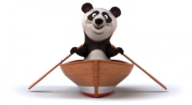 Engraçado urso panda 3d em um barco a remo