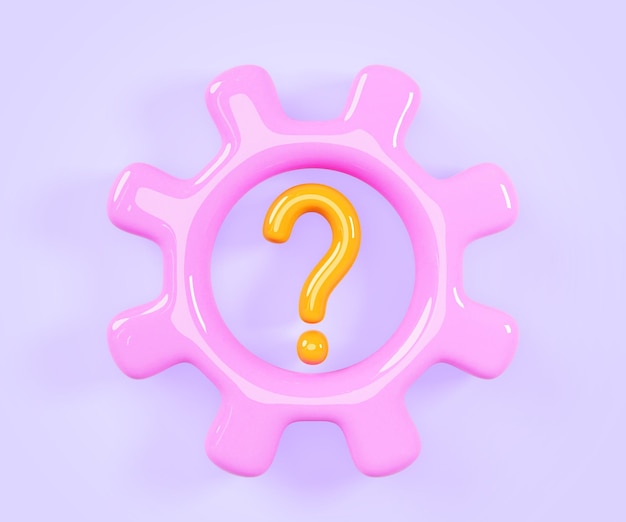 Engranaje rosado con signo de pregunta dorado en fondo púrpura icono de renderización 3D Mecanismo de rueda dentada con signo pregunta frecuente Concepto de innovación idea solución problema de negocio apoyo técnico