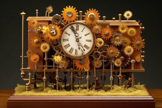 Engrenagens de relógio em movimento em miniatura em uma exibição artística criada com IA generativa