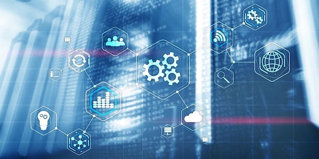 Engrenagens de roda dentada conceito abstrato da indústria de automação de tecnologia de negócios de fundo de data center moderno desfocado