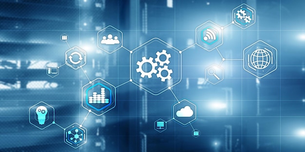 Engrenagens de roda dentada indústria de automação de tecnologia de negócios de fundo abstrato 40 conceito de fundo de cidade moderna desfocada