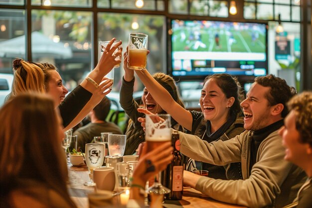 Engullido en una transmisión de un partido de fútbol fens creando una atmósfera vibrante en el bar clientes sonrientes