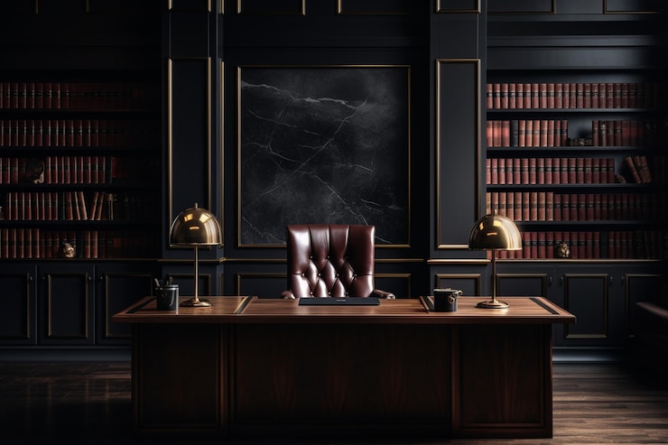 Foto enigmatic desk symmetry dark office interior foto