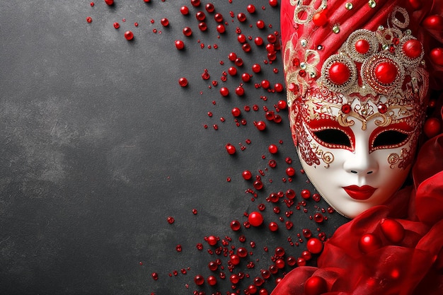 Enigmática máscara veneciana roja en medio de una dispersión de cuentas