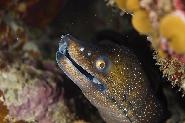 La enigmática morena nadando a través de la cueva de coral