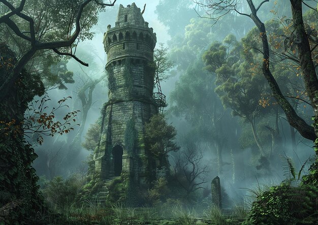 Foto la enigmática torre de los hechiceros en medio de la niebla