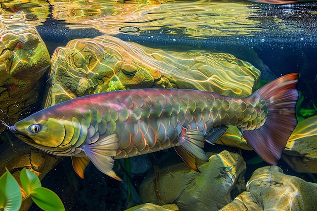 El enigmático pez Arowana cazando cerca de la superficie del agua