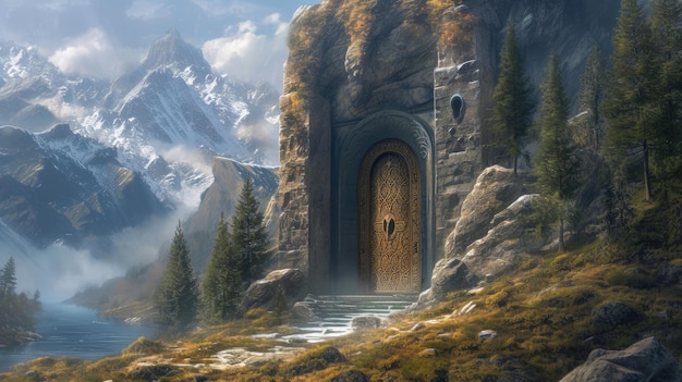 Foto el enigmático portal en el terreno montañoso