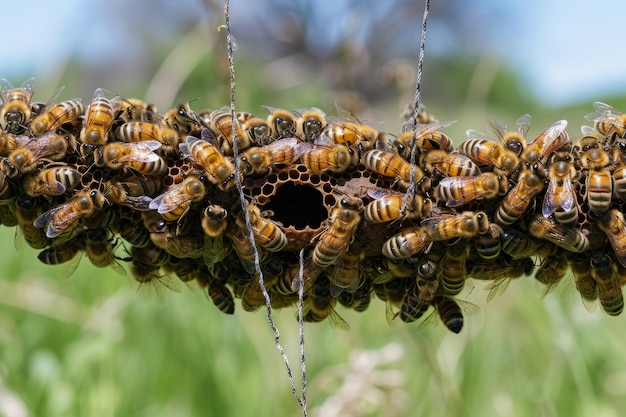 Foto un enjambre de abejas se aferra a una rama