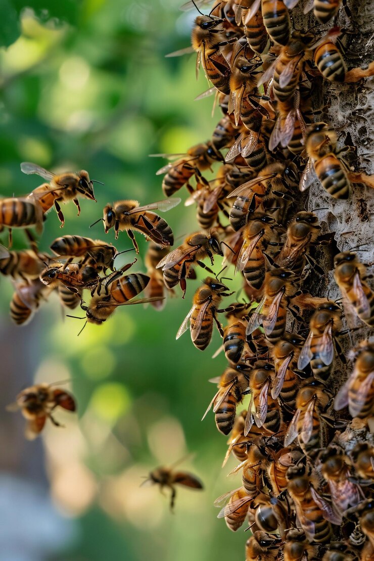 Un enjambre de abejas se reúne en un gran grupo en el costado de un tronco de árbol