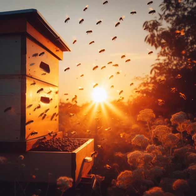 Un enjambre de abejas volando alrededor de la colmena después de un día recolectando néctar de las flores ai generativamente.