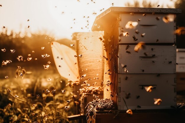 Un enjambre de abejas volando alrededor de la colmena después de un día recolectando néctar de las flores