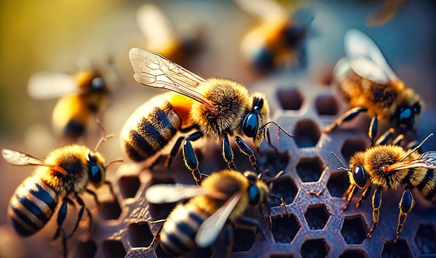 Un enjambre de abejas zumbando alrededor de una colmena
