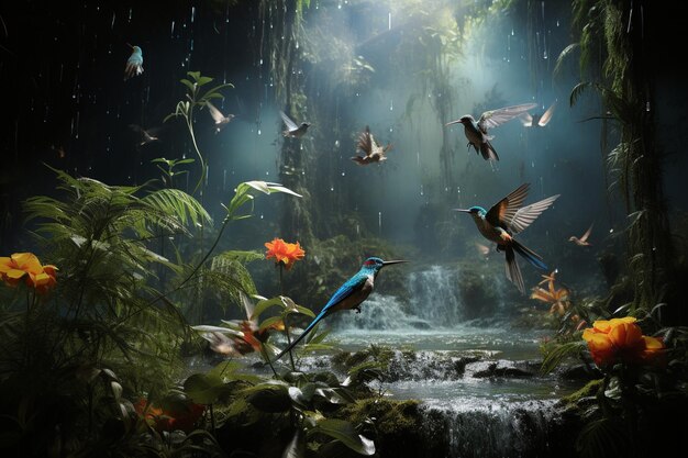 Un enjambre de colibríes que se alimentan del néctar de flores exóticas en un oasis aislado de la selva