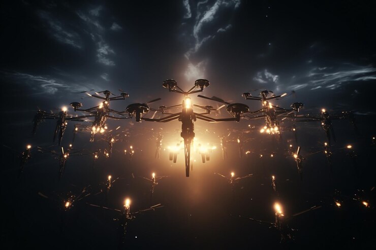 Foto enjambre de drones forma fascinantes patrones de luz en 00229 00