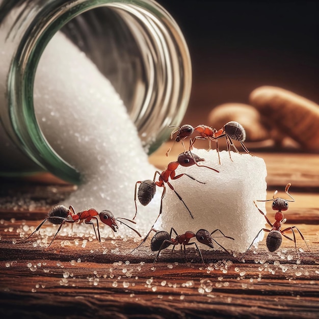 Foto el enjambre de hormigas tratando de llevar un cuadrado de azúcar