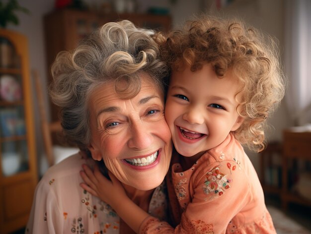 Enkelin umarmt Großmutter glücklich