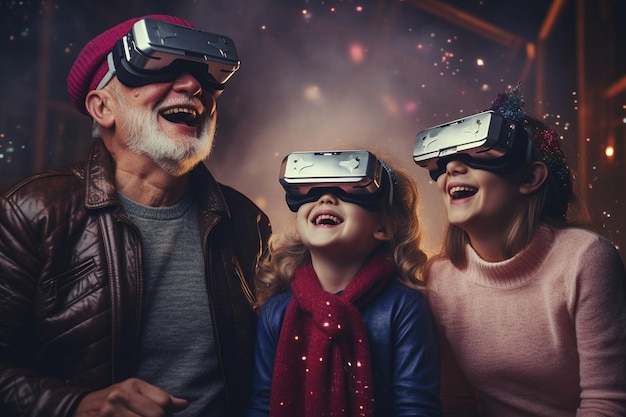 Enkelkind und Großeltern teilen ihre Freude an VR-Brillen. Generativ von Ai