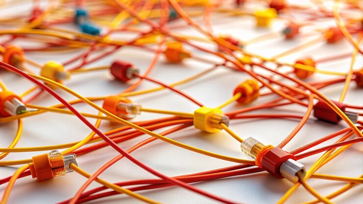 Foto enlace de entidades red de redes sociales sns comunicación en internet resumen pequeña red conectada a una red más grande web de cables rojos naranja y amarillos en blanco