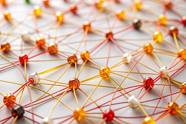 Foto enlace de entidades red de redes sociales sns comunicación en internet resumen pequeña red conectada a una red más grande web de cables rojos naranja y amarillos en blanco