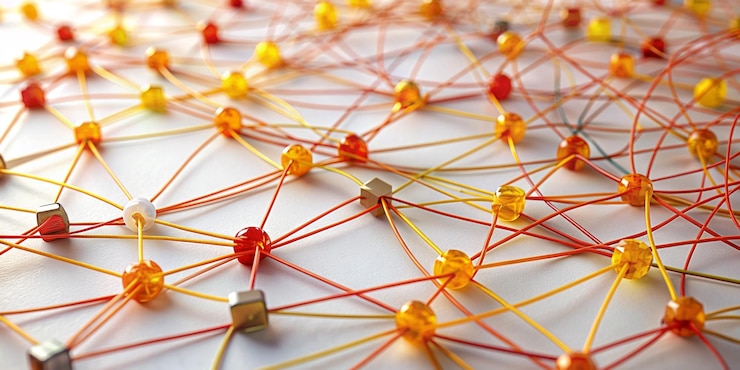 Foto enlace de entidades red de redes sociales sns comunicación en internet resumen pequeña red conectada a una red más grande web de cables rojos naranja y amarillos en blanco