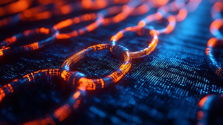 Foto enlaces de cadena brillantes sobre un fondo azul y naranja