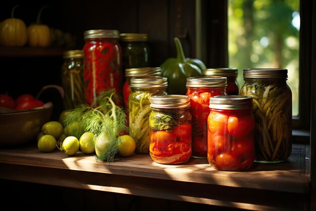 enlatado y fermentación de verduras pepinos y tomates en conserva en frascos en una cocina brillante cerca de la ventana