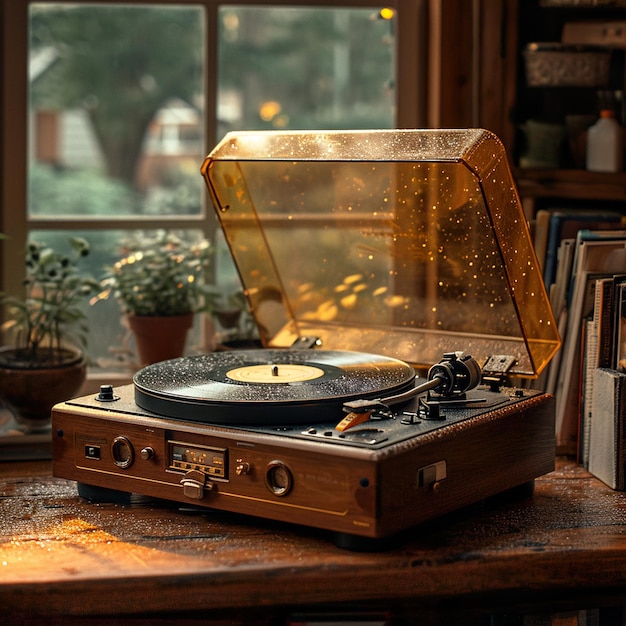 Enmarca un gramófono vintage en medio de una colección de discos de vinilo clásicos estado de ánimo vintage