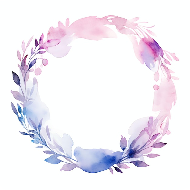 Enmarcado circular de azul lavanda y acuarela rosa con fondo blanco