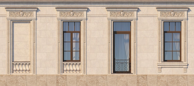 Enmarcado de ventanas en estilo clásico sobre la piedra. Representación 3d