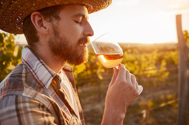 Enólogo digerindo vinho na fazenda