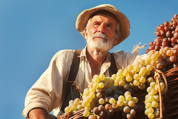 Enólogo senior cosechando uvas en un viñedo en un día soleado Ilustración generativa de IA