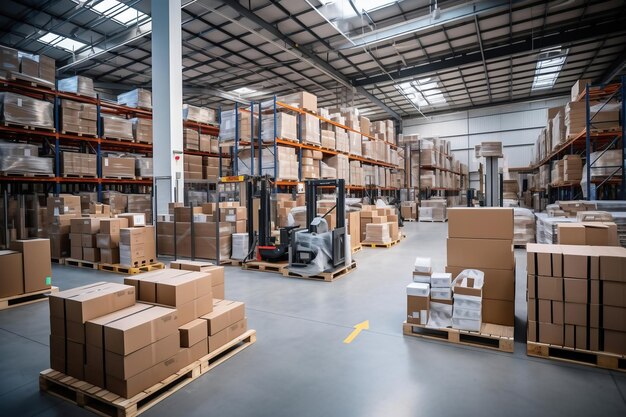 Un enorme almacén lleno de cajas cuidadosamente apiladas Interior de un almacén moderno Gran espacio para almacenar y mover mercancías logísticas Comercio en el mundo moderno