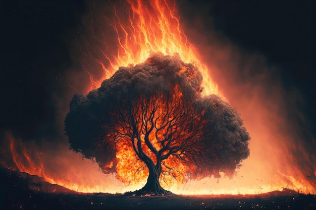 Enorme árbol envuelto en fuego durante el desastre en forma de incendio forestal