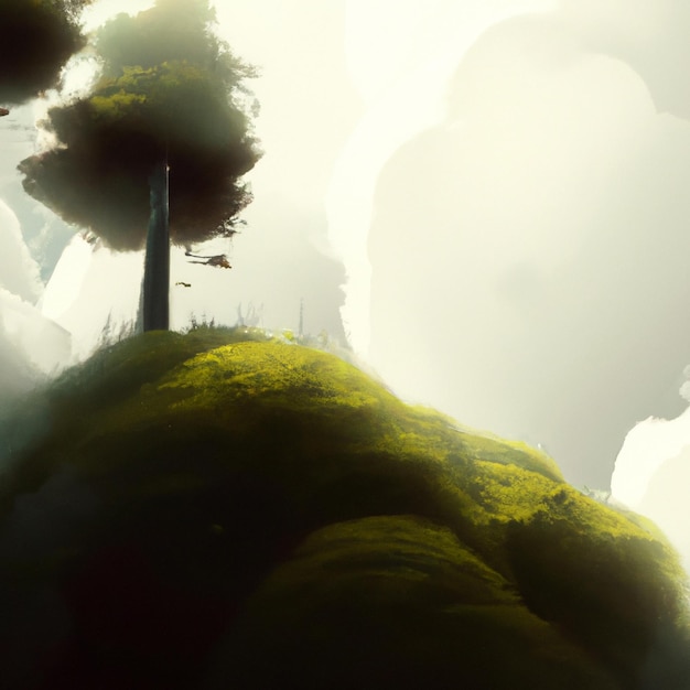 Enorme árvore tocando nuvens no topo de uma colina, arte digital