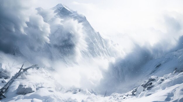 Una enorme avalancha de nieve en una estación de esquí en las montañas