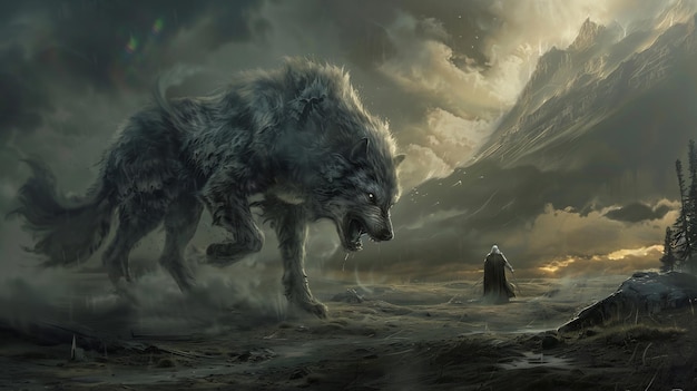 La enorme bestia el monstruo lobo gritó enojado