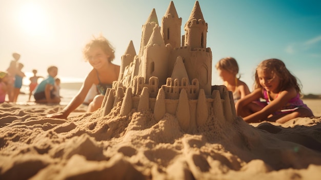 Una enorme caja de arena llena de niños sonrientes construyendo castillos de arena bajo el sol