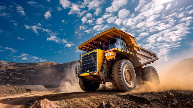 Un enorme camión amarillo de minería atraviesa un bullicioso sitio de trabajo bajo un cielo azul vivo