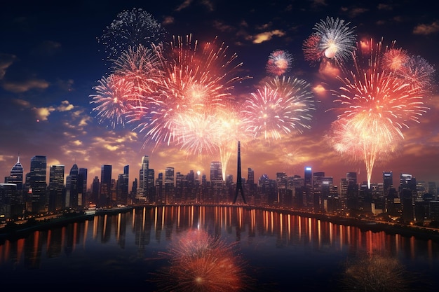 Un enorme castillo de fuegos artificiales que ilumina el cielo de una ciudad 00432 01