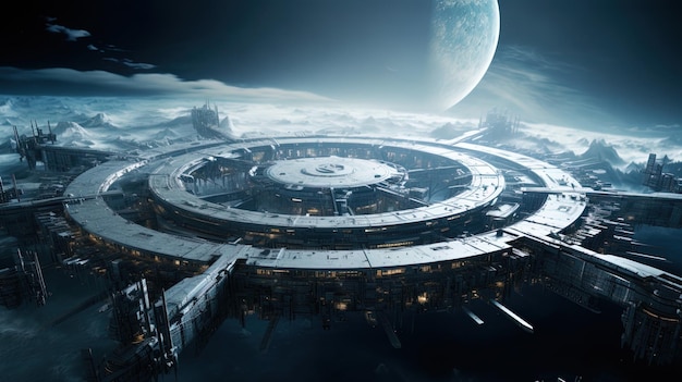 Un enorme centro espacial rodeado de estructuras celestes genera la percepción de una ciudad espacial