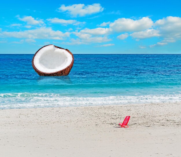 Enorme coco en el mar azul