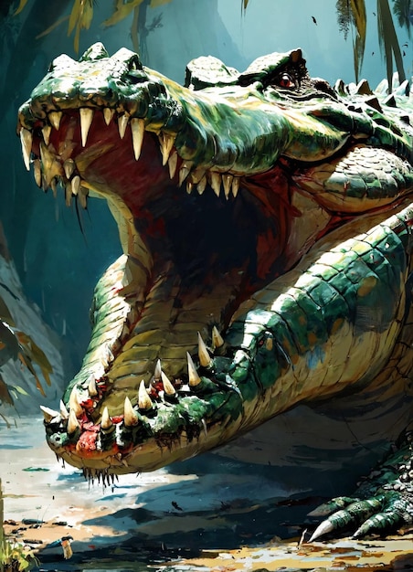 Un enorme cocodrilo cuya enorme boca está llena de varias filas de colmillos venenosos capaces de envenenar