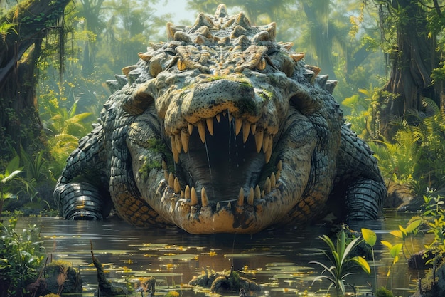Enorme cocodrilo de fantasía con mandíbulas amenazantes al acecho en el pantano místico de la jungla obra de arte digital