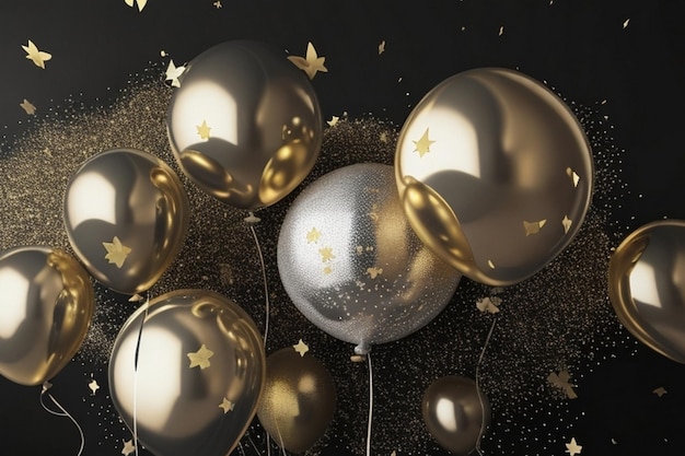 Un enorme confeti de globos de oro y plata con fondo negro