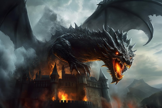 Enorme dragão cuspidor de fogo sobre o castelo queimando ao redor com gerador de IA de fogo