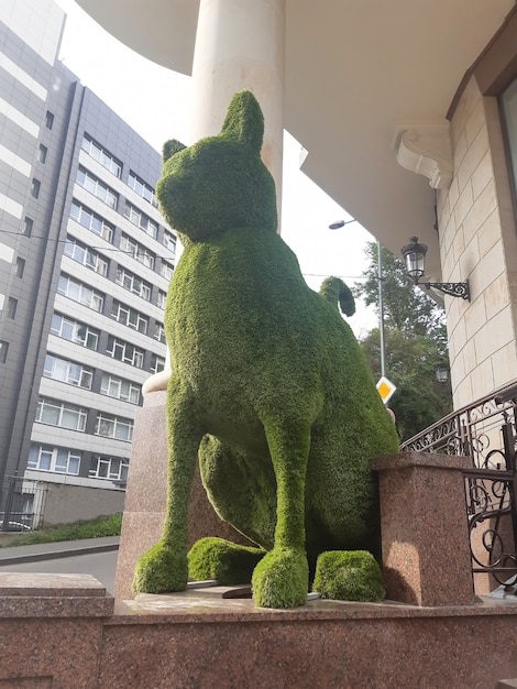 Enorme estátua decorativa de um perfil de gato feito de material verde macio perto da loja