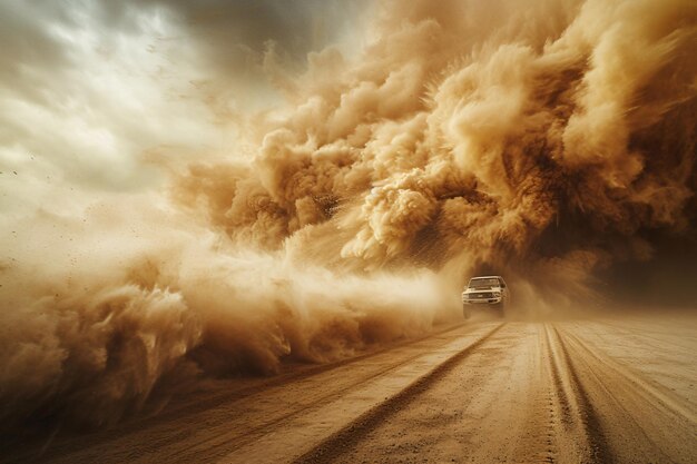 Foto una enorme explosión sacude el suelo, la arena se arremolina, la tormenta de arena se prepara, el fondo cruje de energía.