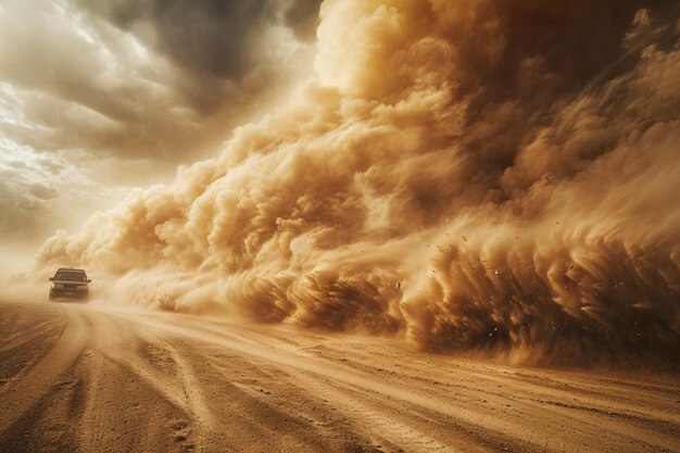 Foto una enorme explosión sacude el suelo, una tormenta de arena se forma, una tormentas de arena se forman, el telón de fondo cruje con energía.