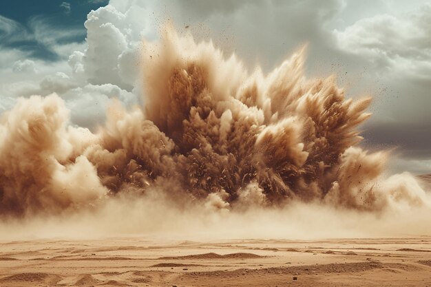 Foto una enorme explosión sacude el suelo, una tormenta de arena se forma, una tormentas de arena se forman, el telón de fondo cruje con energía.